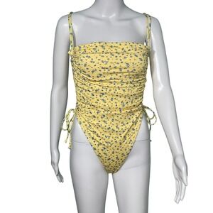 Wild Fable Yellow Floral Ruched One Piece Swimsuit Extra High Leg Cheecky NWT